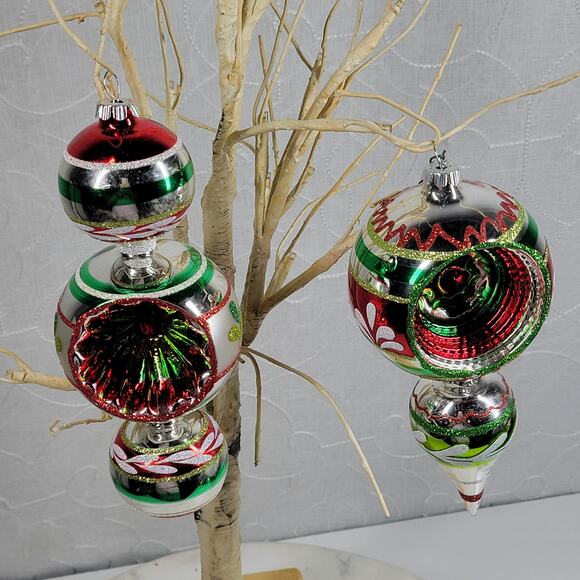 VTG Radko Shiny Brite 40s Finial Indent Reflector Glass Ornaments Hand Decorated - Picture 5 of 16